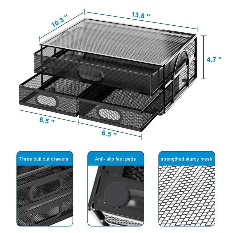 Monitor Stand with Drawer, Monitor Stand, Metal Mesh Desk Organizer with Three P4
