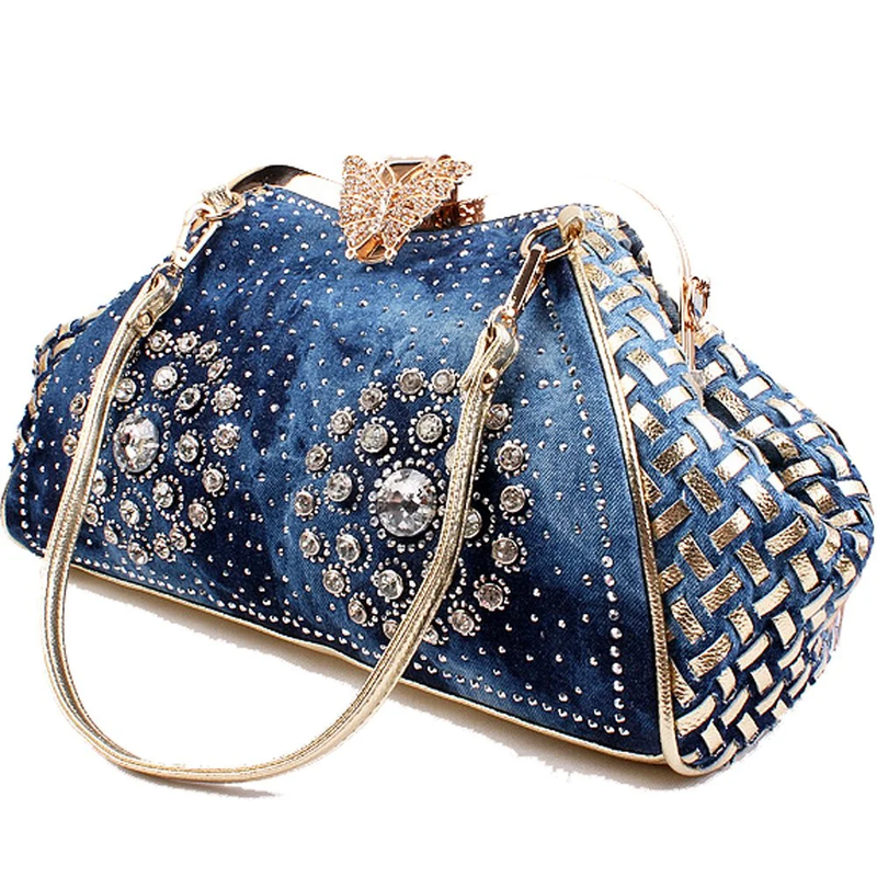 Women Denim Crossbody Bag Knitted Rhinestone Tote Handbag Shoulder Purse10