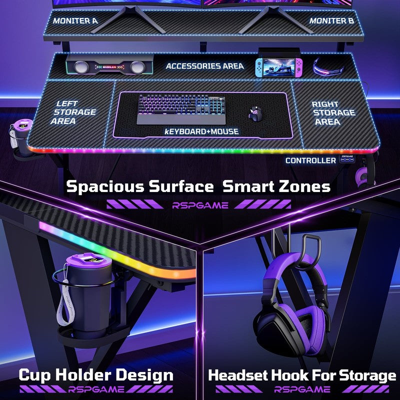 43" X-Shaped Gaming Desk with Music Sync LED, Monitor Stand Black Racing2