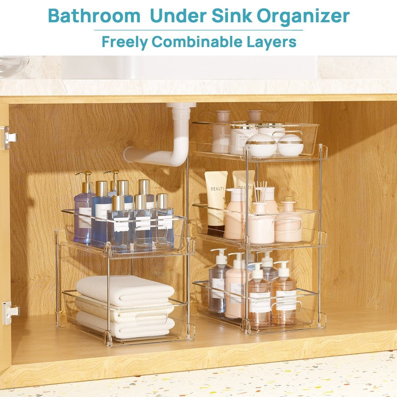 3 Pack Bathroom Plastic Storage Organizer, 2 Tier Clear under Sink Organizers Va1