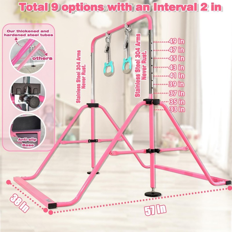 Folding Kids Gymnastics Bar w/ Rings Sturdy Kip Bar Horizontal Home Gym2