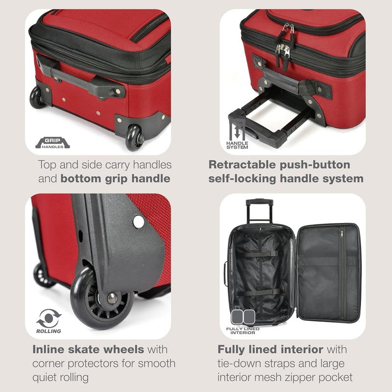 Rio Rugged Fabric Expandable 2 Piece Rolling Carry On Luggage Set Red3