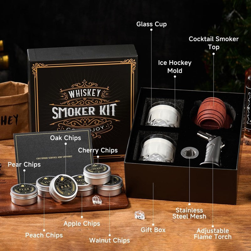 Whiskey Smoker Kit with Torch - 6 Flavors Wood Chips, 2 Glasses, 2 Ice Ball Mold8