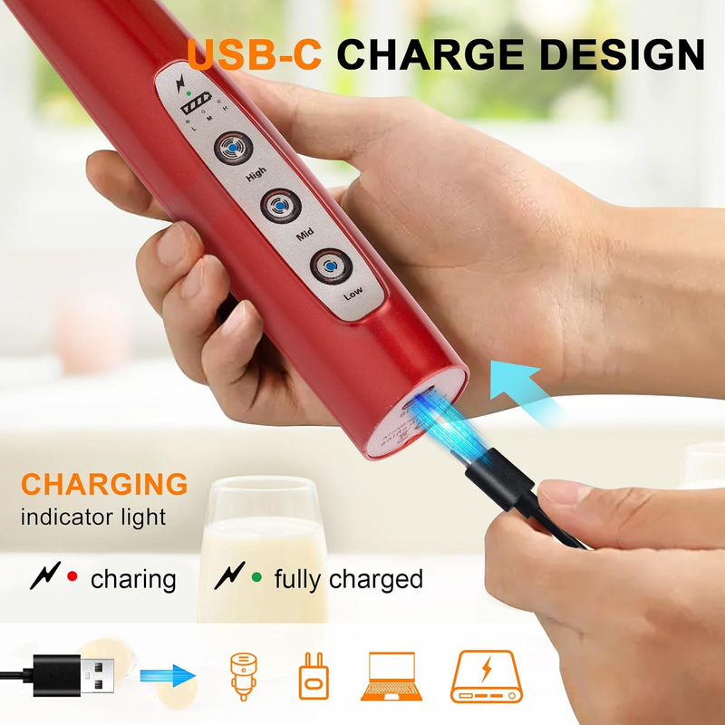 Milk Frother Handheld USB Rechargeable 3 Speed 3 Heads Coffee Whisk Red2