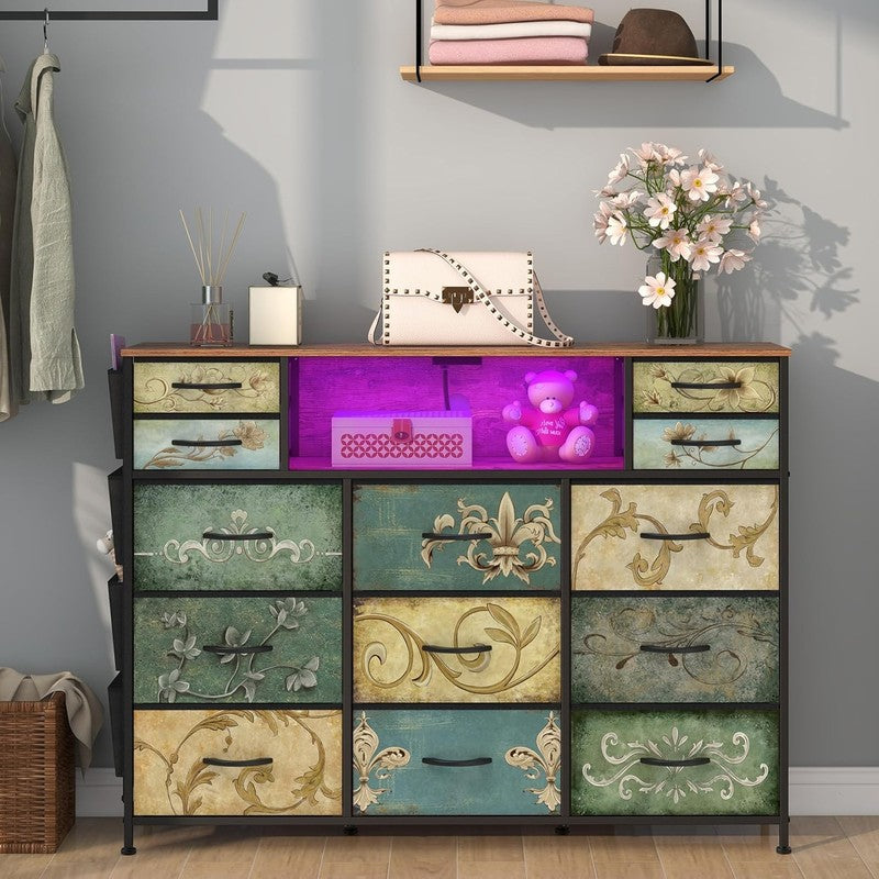 13 Drawer Retro Dresser TV Stand with Power Outlet LED Light Boho Storage Chest4