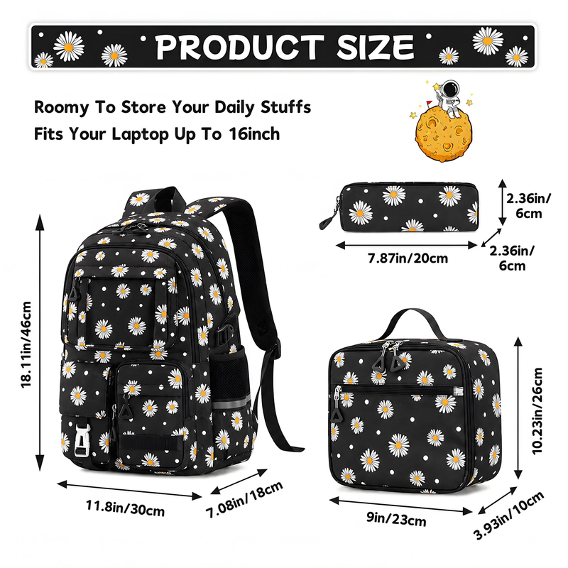 Kids Backpack Set w/ Lunch Bag & Pencil Case Black Flower1