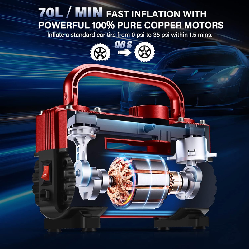 Red Tire Inflator Heavy Duty Double Cylinders, Portable Metal DC 12V Air Compres2