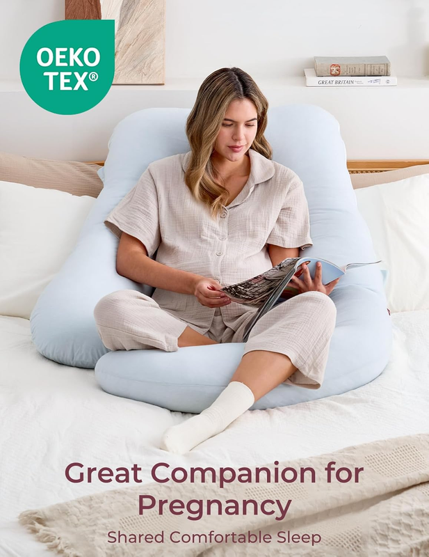 57in U Shaped Pregnancy Pillow Full Body Maternity Jersey Cotton Blue4