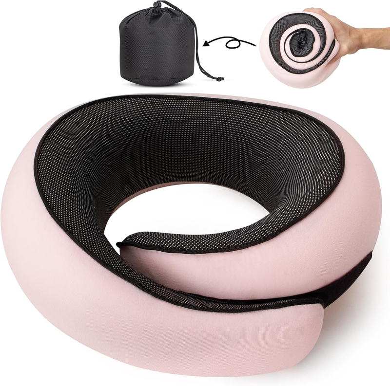 Memory Foam Travel Neck Pillow 360° Support for Airplane & Car – Pink9