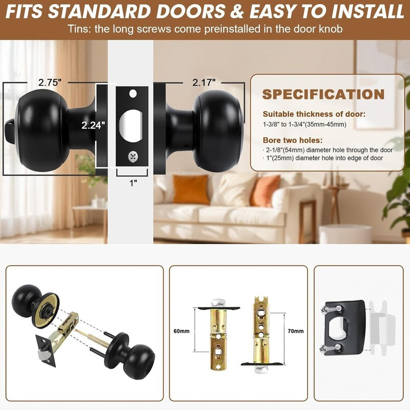 Privacy Door Knobs, 6 Pack Matte Black Door Knobs with Lock, Bed and Bath Door K3