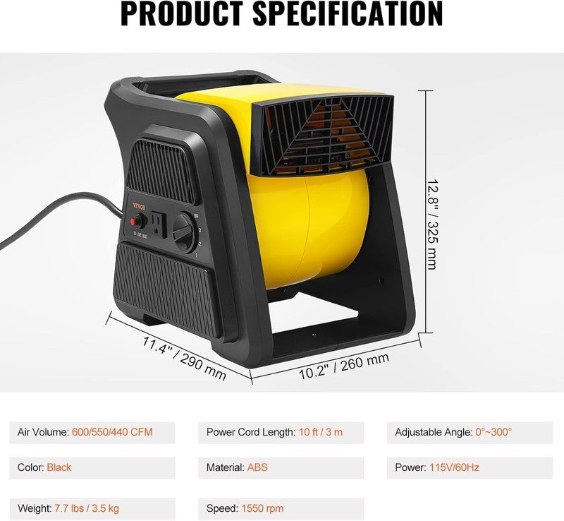 600CFM Pivoting Utility Fan High Velocity Air Mover Floor Blower Carpet Dryer6