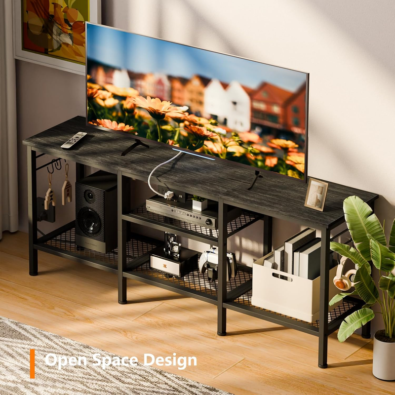 TV Stand with Power Outlets, Entertainment Center with Open Storage Shelves for 5
