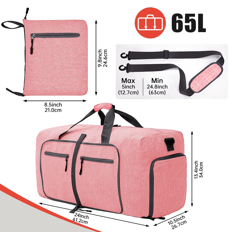 65L Foldable Travel Duffle Bag Waterproof Weekender w/Shoe Compartment Pink2