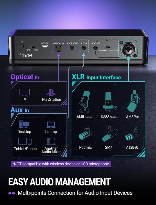 Gaming Mixer SC8 USB XLR Voice Changer RGB 7.1Ch Headphone Amp EQ Volume3