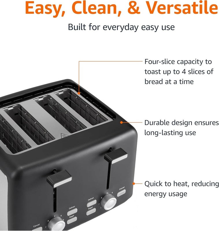 4 Slice Toaster Black & Silver - Wide Slots, 7 Shades, Bagel, Defrost, 1500W3