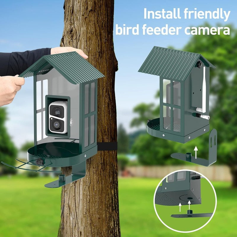 BF08 AI Identify Species Metal Bird Feeder Camera with 5W Solar Panel, Green4