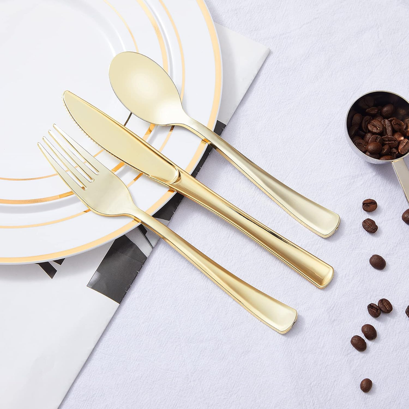 300 Pc Gold Plastic Silverware Set 100 Forks Spoons Knives Disposable Party5