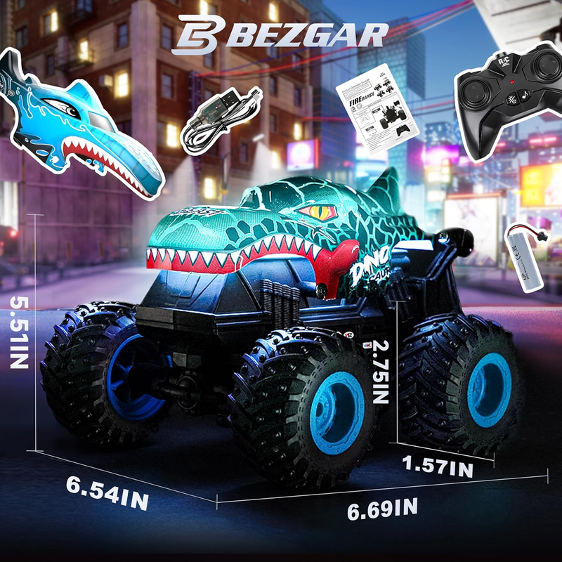 RC Monster Truck Toy Dinosaur Car 1:20 Scale Light Music 360° Spin 2 Shells2