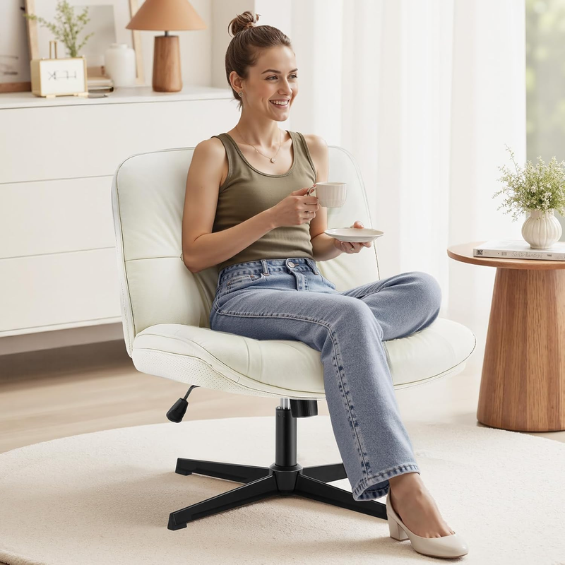 Armless Criss Cross Office Chair Beige PU Leather Swivel No Wheels Desk Chair9