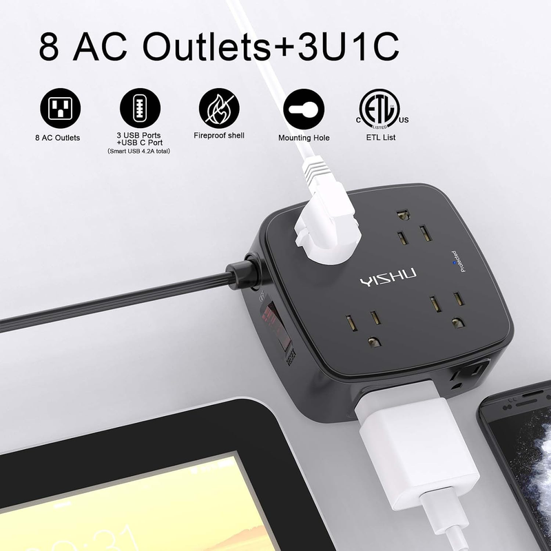 6FT Surge Protector Power Strip 8 Outlets 4 USB Ultra Flat Plug Black1