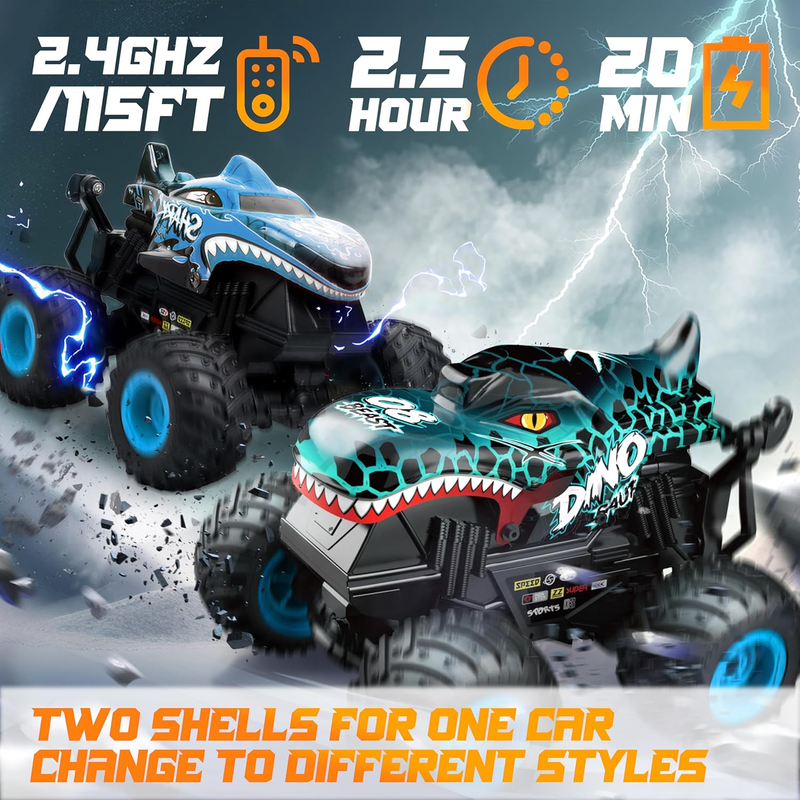 RC Monster Truck Toy Dinosaur Car 1:20 Scale Light Music 360° Spin 2 Shells1