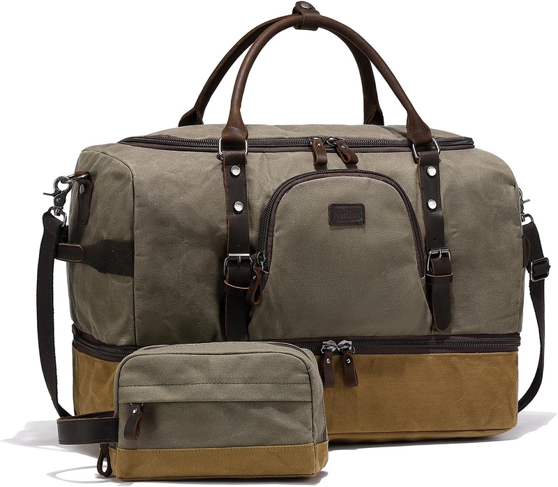 Nerlion Weekender Duffle Bag Green Canvas Leather Carry On Shoe Compartment10