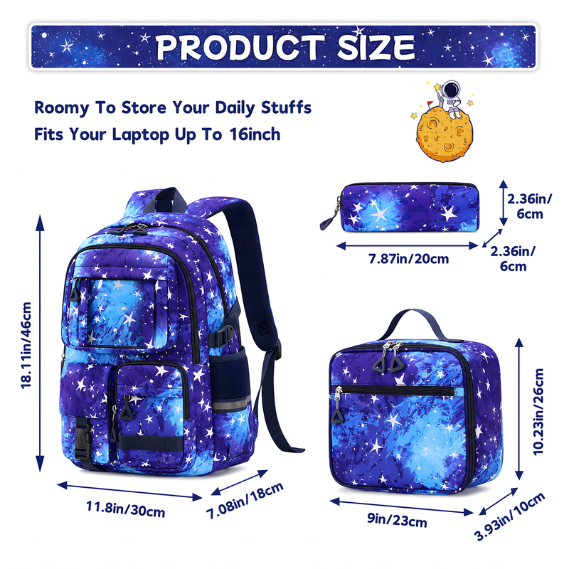 Girls 3PCS Backpack Set School Bookbag Blue Galaxy1