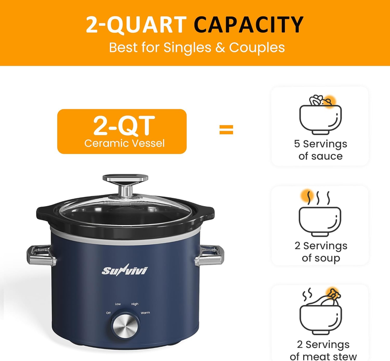 2Qt Slow Cooker Small Removable Ceramic 3-Setting Blue Food Warmer7