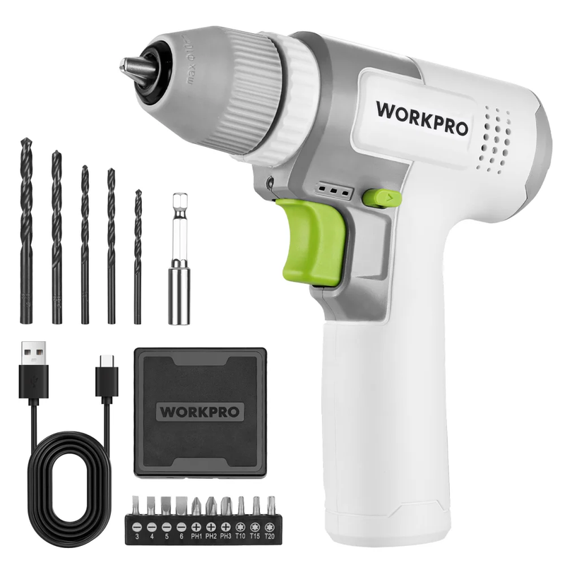 8V Cordless Drill Driver Set 2Ah 3/8in Keyless Chuck 15Pc Bits USB C White3