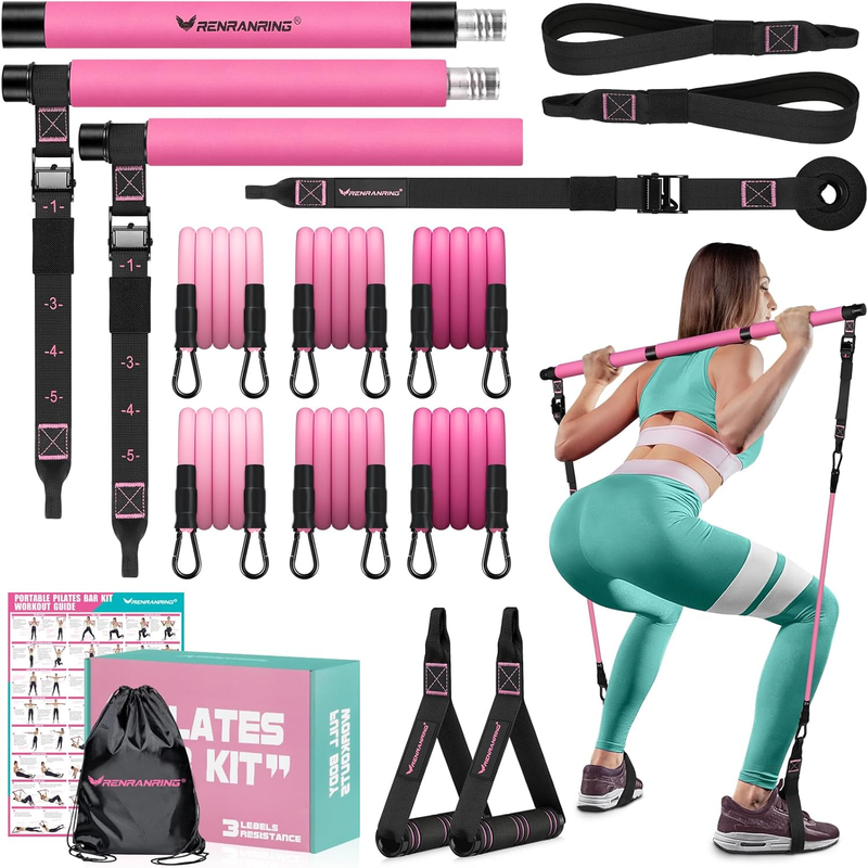 Pilates Bar Kit w/ Resistance Bands Adjustable Metal Buckle Full Body Pink0