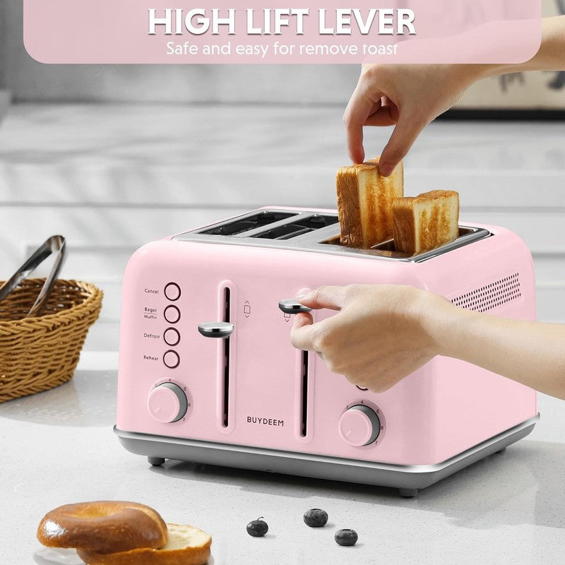 Retro 4 Slice Toaster 1800W Extra Wide Slots 7 Shade Bagel Muffin Stainless Pink4