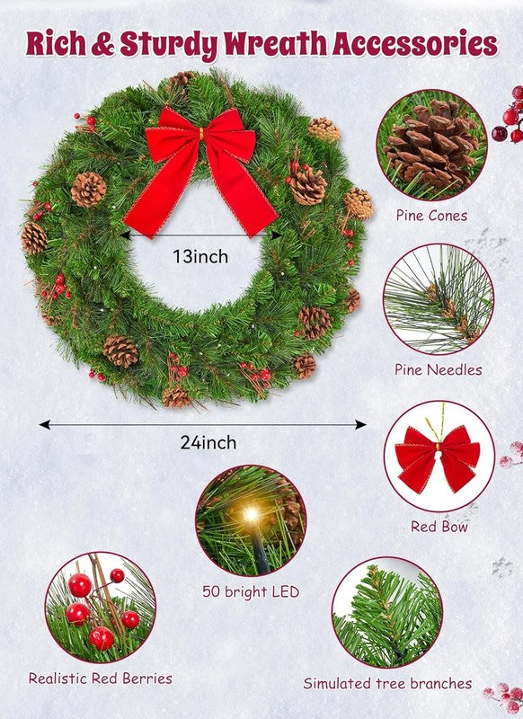 24" Pre-Lit Christmas Wreath Battery LED Pinecones Red Berries Front Door Decor2