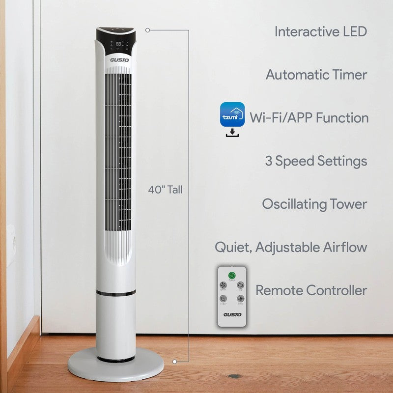 40" Smart Tower Fan, Bladeless Oscillating Standing Floor Fan with Remote, LED D1