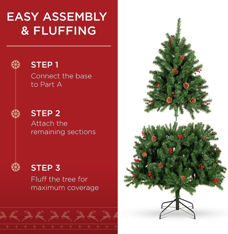 Pre-Lit Pre-Decorated Spruce Christmas Tree 4.5Ft 150 Lights Pinecones Berries3