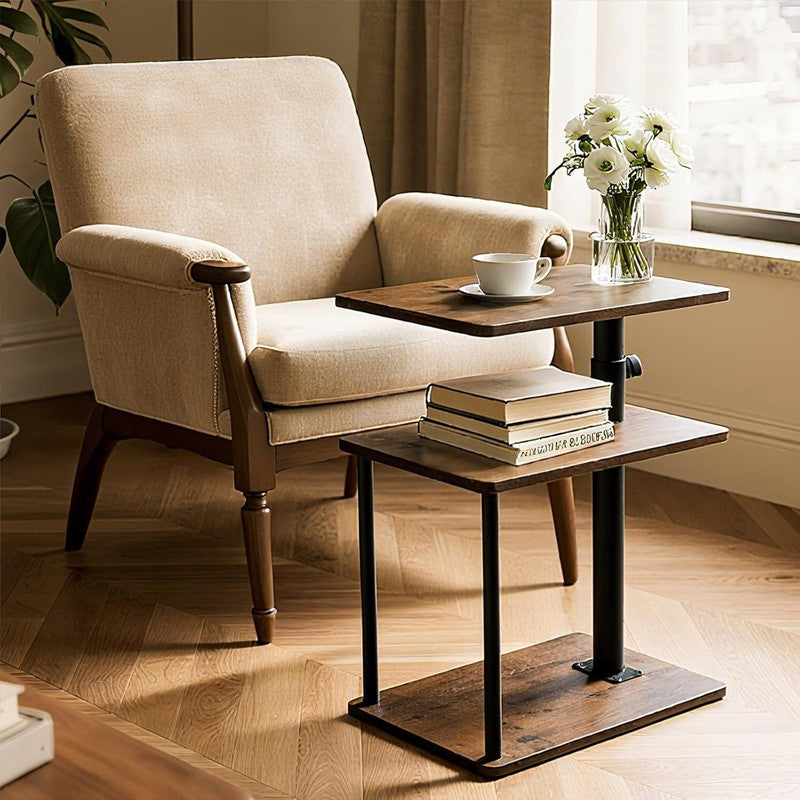 360° Swivel C Side Table 3-Tier Nightstand with Shelf Rustic Brown5