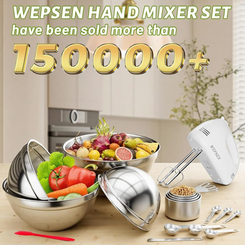 5-Speed Electric Hand Mixer, 4 Large Mixing Bowls Set, Handheld Mixers with Whis1