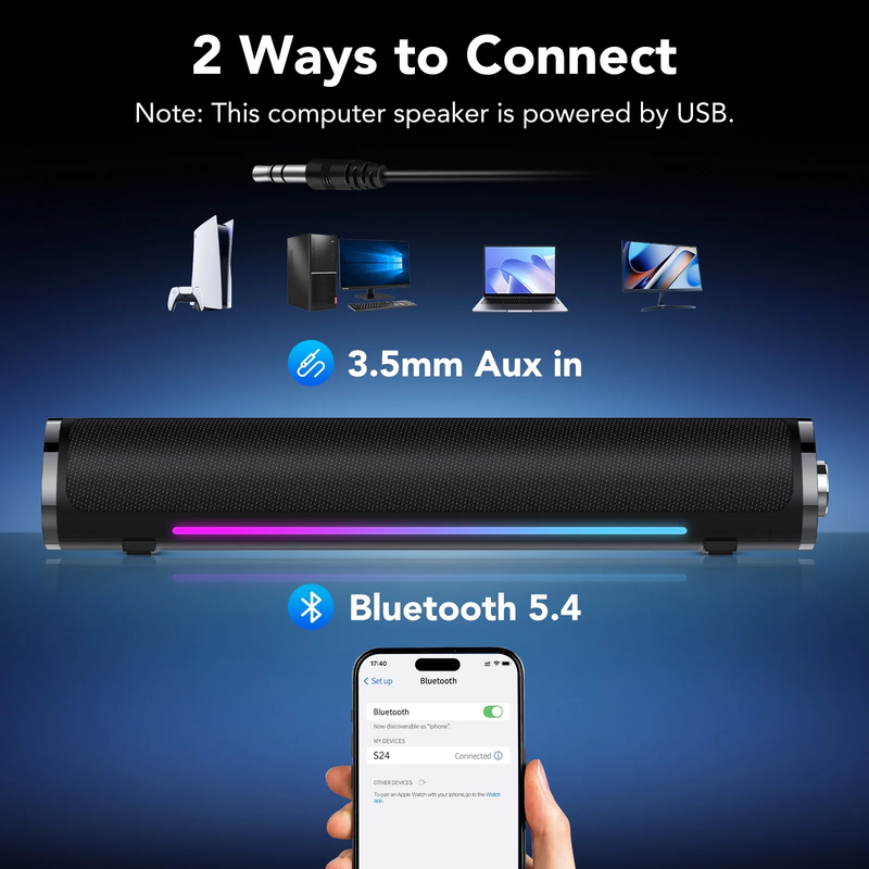 Bluetooth Computer Sound Bar USB Powered 3.5mm PC Speakers RGB LED Bass2