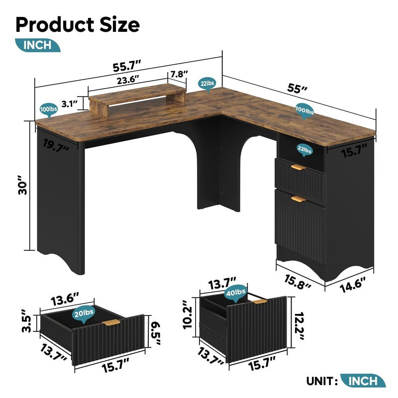 55" L-Shaped Desk with Drawers, Monitor Stand & Fluted Panels Black/Rustic6