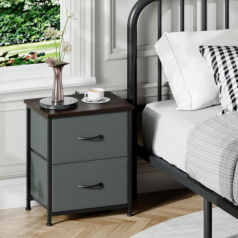 Set of 2 Nightstands 2 Drawer Bedside Table w/ Fabric Bins Charcoal Grey1