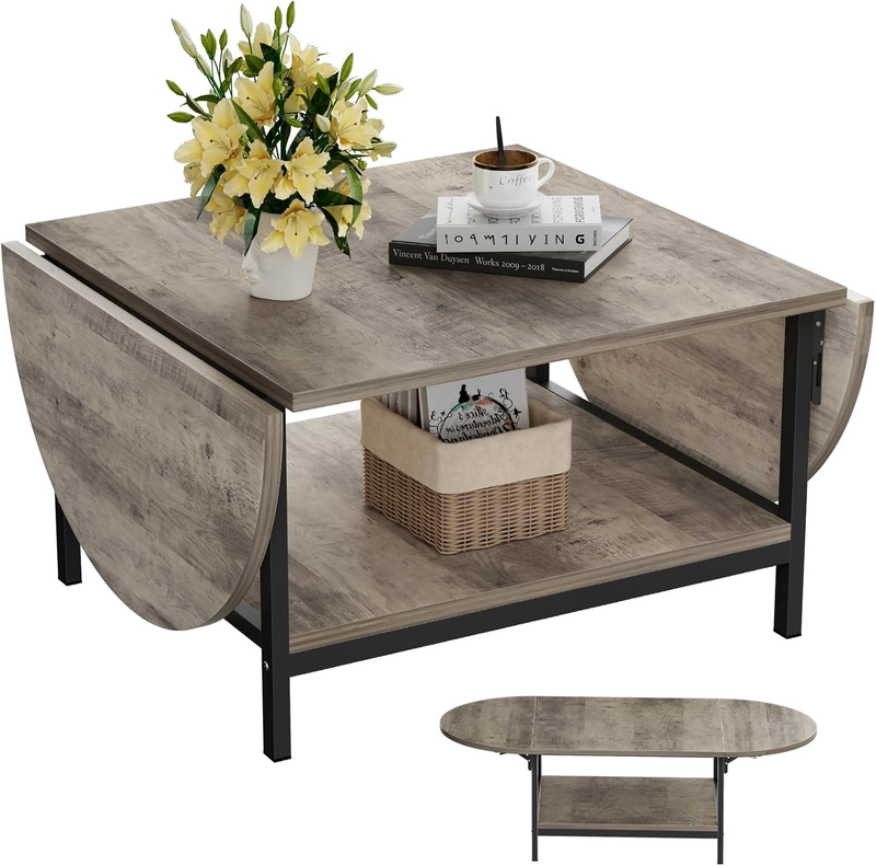 2 Tier Folding Coffee Table, Gray Wash, Vintage Farmhouse, with Storage8