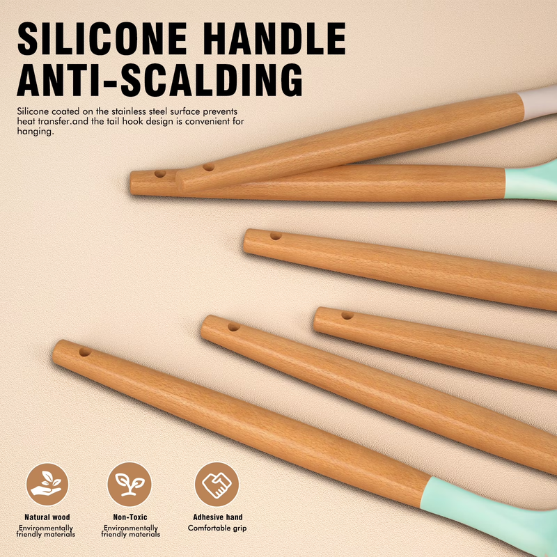 Silicone Kitchen Utensil Set Wooden Handle Holder Heat Resistant Multicolor1