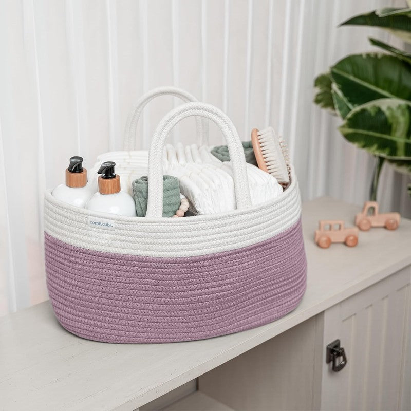 Rope Diaper Caddy Organizer Large 3 Compartment Baby Basket Mauve4