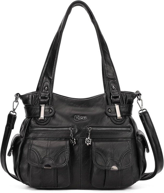 Women's Large PU Leather Hobo Tote Multi Pocket Shoulder Bag1