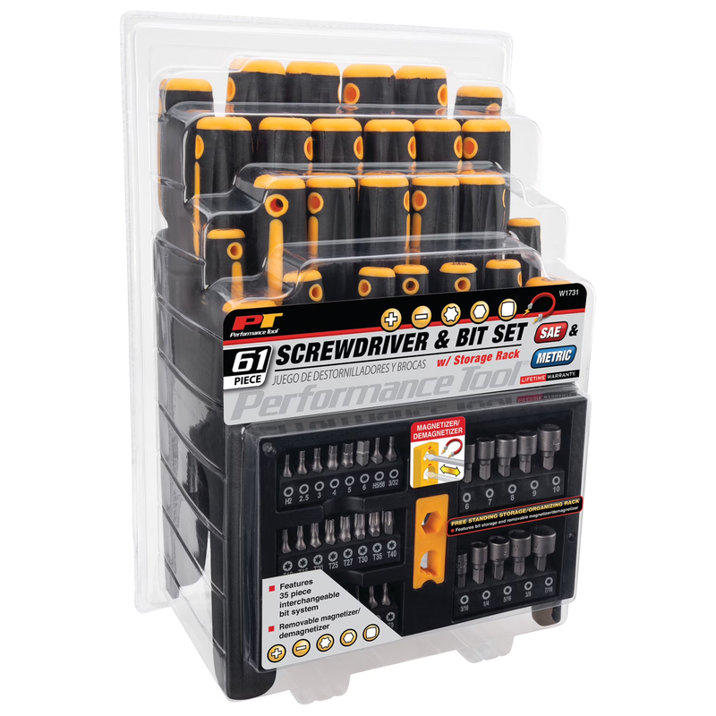 W1731 Screwdriver and Bit Set with Rack, Yellow/Black, 61 Piece1