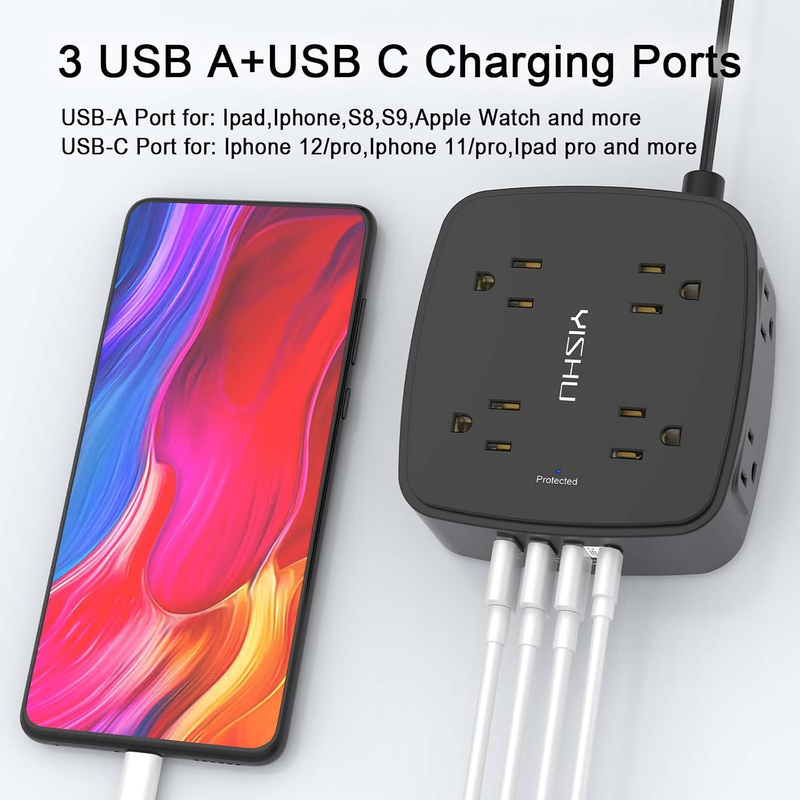 6FT Surge Protector Power Strip 8 Outlets 4 USB Ultra Flat Plug Black2