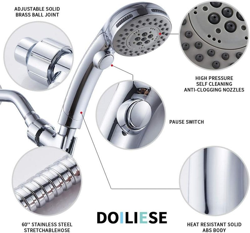 High Pressure Handheld Shower Head 6 Settings w/ Hose ON/OFF Switch Spa Chrome4