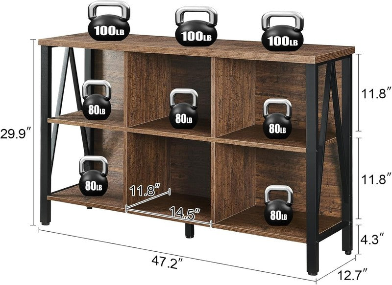 6 Cube Storage Organizer Rustic Brown Industrial Low Wide Bookshelf 3 Tier1