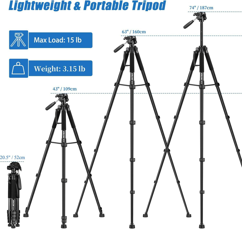 74" Camera Tripod Heavy Duty DSLR Phone Stand 15lb Load Travel Compatible1