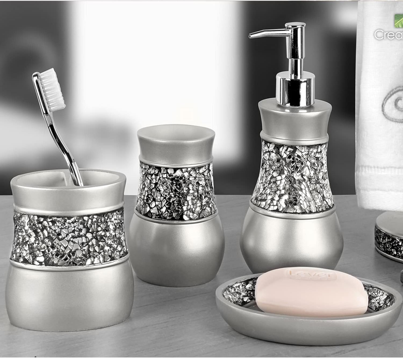 Elegant 4-Piece Crackled Glass Bathroom Accessory Set - Silver Finish1