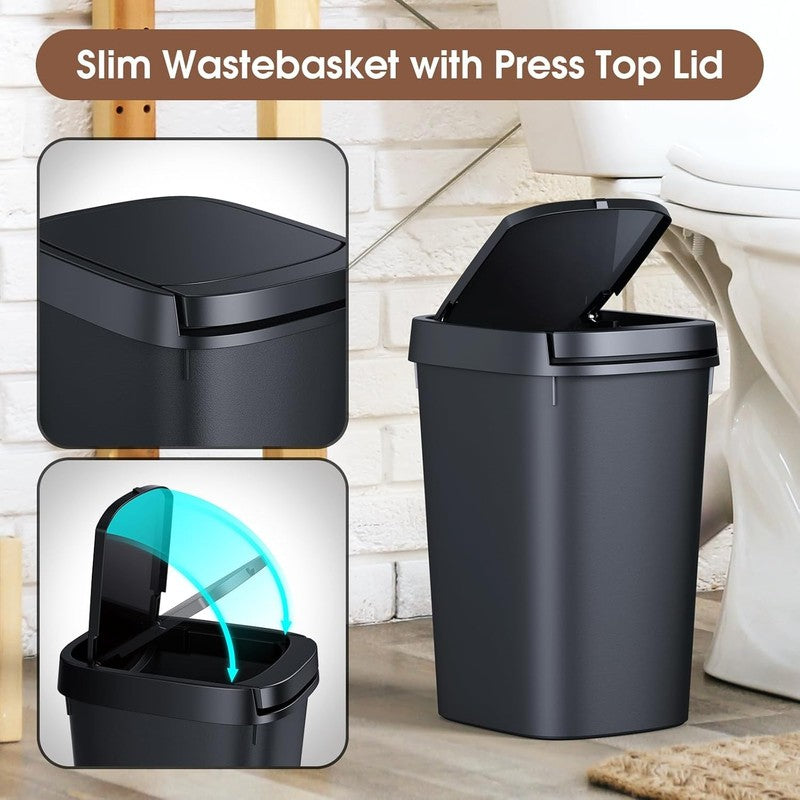 3-Pack 2.6 Gal Bathroom Trash Cans w/ Press Lid, Slim Plastic Waste Bins3